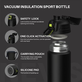 SANTECO Water Bottle, Lockable Thermos Flask, Water Bottle, Stainless Steel, 1 Litre, BPA-Free with Carry Bag, Direct Drinking Insulated Jug, Dishwasher Safe for Travel, Camping, Black
