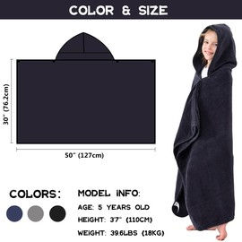 Hiturbo Kids Hooded Bath Towel: 100% Cotton Soft Thick Absorbent Towels Wrap - 50"x30" Shower Beach Pool Wearable Blanket for 3-12 Yrs Boys Girls - Black