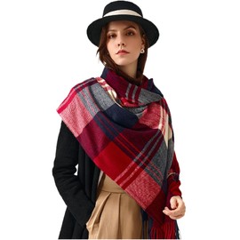 Roll Up Women's Plaid Tartan Checks Cashmere Feel Classic Soft Luxurious Winter Gifts Wrap Shawl Scarves Scarf (Red/Navy)