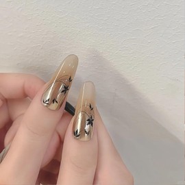 Golden Diamond Press on Nails Fall Black Leaf Fake Nails Ink Silk Crystal French Gel Nails Design French Long Square False Nails Stick on Nail Woman Girls Nail Accessories for Thanksgiving Party-(08)