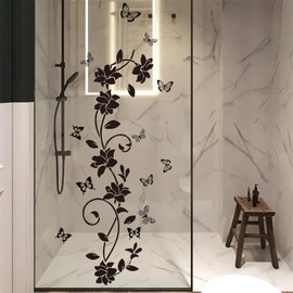 Black Flower Vine Butterfly Wall Stickers, sacinora Simplicity Floral Art Wall Decals Removable Vinyl Peel and Stick for Bathroom Living Room Bedroom Home Decorations