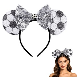 Doneace Soccer Mouse Ear Headband with Glitter Bow Cute Black White Soccer Sequin Hairbands Sports Hair Accessories for Fan Mom Girls World Cup Game Day Players Coaches Teams Party Favor Supplies