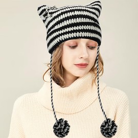 XYIYI Black White Crochet Hats for Women Fox Knit Hat with Pompoms Vintage Beanies Grunge Goth Accessories for Women Girls