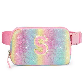 Cotmcor Kids Fanny Pack Glitter Waist Pack Initial Crossbody Bag Belt Bag for Girls Gifts Sparkly Cute Purse Rainbow S