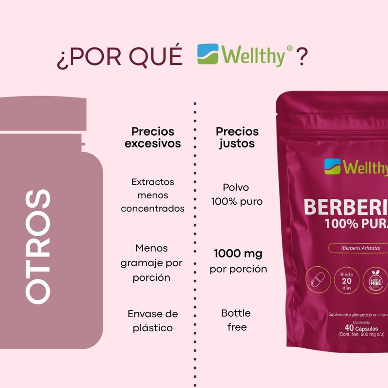 Wellthy Pure Berberine 500mg Supplement – 100% Berberis Aristata, 40