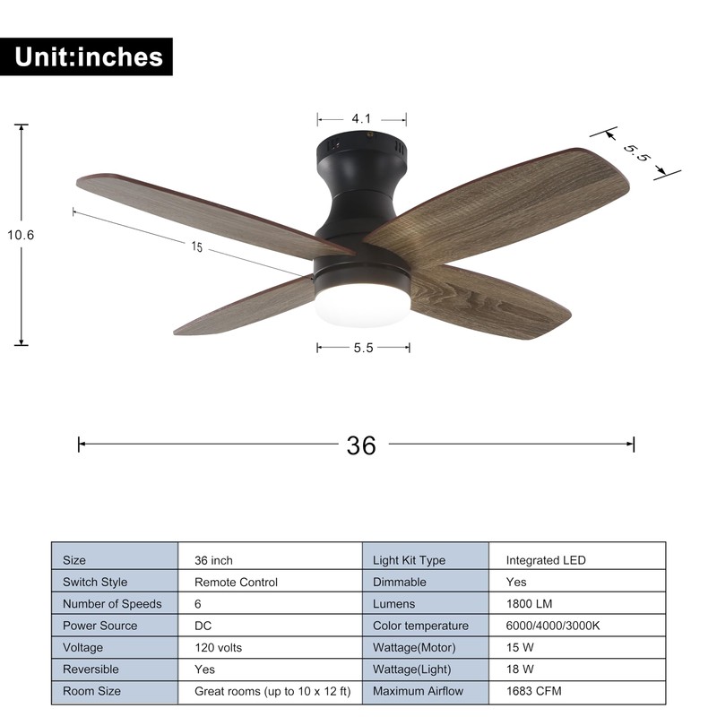 FINXIN Indoor Low Profile Ceiling Fan LED 36 Walnut Ceiling