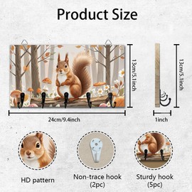 DELORIGIN Squirrel Key Holder with 5 Hooks Wall Mounted Wooden Storage Shelves for House Keys Organiser Hanger for Wall Decoration Door Entrance Hallway Kitchen