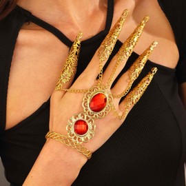 YienDoo 1Pcs Gothic Ancient Queen Bracelet Witch Finger Nails Tip Claw Bracelet Gold Boho Belly Dance Costume Hand Chain Slave Circle Bracelets Indian Gypsy Crystal Harness Bracelets Jewelry for Women
