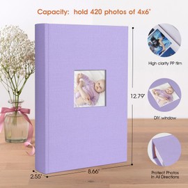 1DOT2 Photo Album 4x6 420 Photos With Writing Space, Linen Cover With Memo Slip-in Pockets, Pictures Album Book for Wedding, Kids, Travel, Family, Baby (Light Purple)
