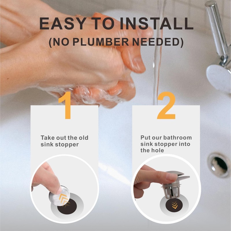Brushed Universal Bathroom Sink Stopper, 2-in-1 Pop Up Sink Drain