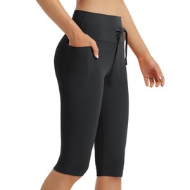 BALEAF Women's Capri Leggings with Pockets Knee Length Capris Pants Yoga Workout Exercise for Casual Summer Black M