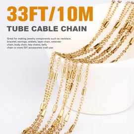 33FT 18K Gold Plated Cable Chain Roll 2mm Stainless Steel Tube Bar Link Chains Spool Bulk for Jewelry Making