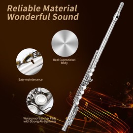 MoResolune Closed Hole C Flute 16 Key for Beginner Student Nickel Flute with Carrying Case Stand Gloves Cleaning Cloth for School Band Instruments