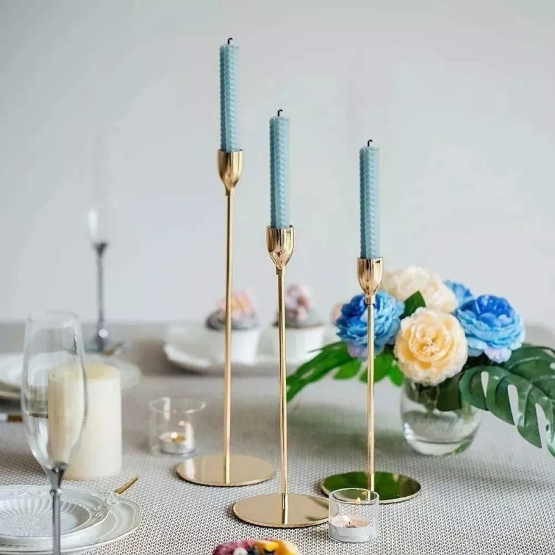 Set De 3 Candelabros De Metal Para Velas Cónicas Boda