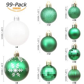 Sea Team 99 Pieces of Assorted Christmas Ball Ornaments Shatterproof Seasonal Decorative Hanging Baubles Set with Reusable Hand-held Gift Package for Holiday Xmas Tree Decorations, Green