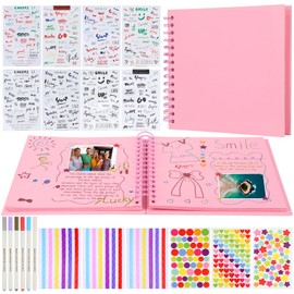 DIY Photo Album, Photo Book for DIY, 80 Pages, Spiral Album Photo Albums with 6 Metallic Colour Markers, 14 Stickers, DIY Gift, Scrapbooking for Baby, Family, Anniversary (Pink)