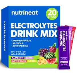 NutriNeat Electrolytes Powder Packets (20 Count), Electrolytes Powder Sugar Free, Fruity Daily IV Hydration Packets Perfect for Keto, Workout & Recovery (Raspberry, Grape, Watermelon, Lemon)