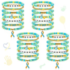 Huquary 28 Pcs Down Syndrome Awareness Bracelet bulk including 7 Styles Stackable Rainbow Vinyl Disc Clay Beaded Stretch Bracelets Down Syndrome Gifts for Kids