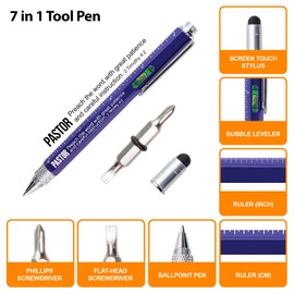 7 in 1 Multitool Pen With Scripture - Pastor: 2 Tim. 4:2 - Multi Tool Pen Screwdriver With Level, Ruler & Stylus - Blue Construction Pen As Christian Gifts For Men & Fathers, Dad Gadgets