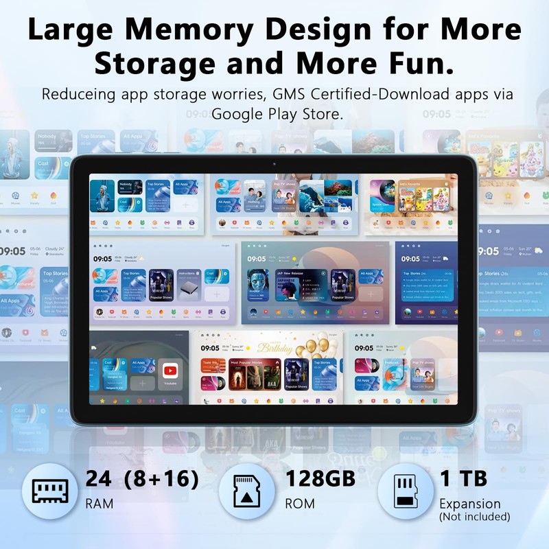 Raemond Android 15 Tablet 10 Inch, 24GB RAM+128GB ROM/1TB Expandable,