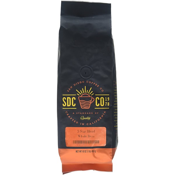 San Diego Coffee 5 Star Blend, Dark Roast, Whole Bean, 16-Ounce Bags (Pack of 2)