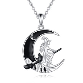 ONEFINITY Witch Necklace 925 Sterling Silver Witch Hanging On Broom Pendant Necklace Witch Jewelry For Women