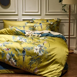 Birds Floral Duvet Cover Set Full Size Flower Bird Pattern Boho Duvet Cover Cotton Vintage Floral Bedding Set Garden Style Gold Yellow Comforter Cover Farmhouse Bedding Cover with 2 Pillowcases
