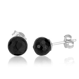 NKlaus Pair of Onyx Stud Earrings 925 Sterling Silver Rhodium-Plated 8 mm Round Faceted 3778, Sterling Silver