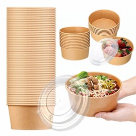 50 Pcs 25 Oz Disposable Kraft Paper Bowls with Lids – Perfect for Hot Soups, Cold Salads, Ramen, & Meal Prep – To Go Food Containers for Lunch, Take Out, and Party Supplies