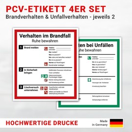 tradercat Sticker Behaviour in the event of fire and accidents – set of 2 – ISO7010 ISO 7010 – 18 cm x 20 cm warning sticker/warning sticker for indoor and outdoor use with UV protection, warning /