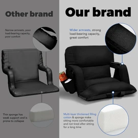 Wide Stadium Seats With Back Support, Exclusive "Sofa Style" Design Extra Thick Bleacher Chairs With Back and Cushion, 6 Reclining Positions - Ultimate Comfort for Sports Events (Black, 22.5")