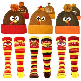 LUKBERA 6 Pcs Thanksgiving Turkey Trot Costume Set - 3 Pcs Turkey Hat & Running Socks, Autumn Fall Beanie Hats & Mid-Calf Socks for Women & Men