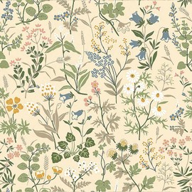 VEELIKE Cream Cottage Floral Peel and Stick Wallpaper Vintage Meadow Flower Wallpaper for Bedroom Girls Room Bathroom 17.7''x118'' Removable Wall Paper Floral Contact Paper for Cabinets Shelves Drawer