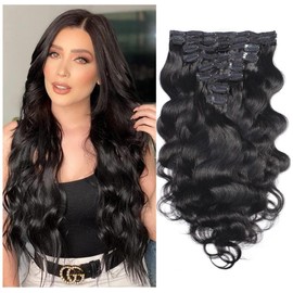 Unipearl Wavy Clip-In Real Hair Extensions, 40 cm / 16 Inches, 8 Pieces, 100 g, Natural Black Hair Extensions for Women, Body Wave Remy Hair Extensions, Clip-In