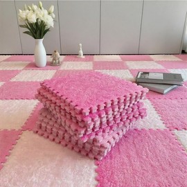 16pcs Plush Puzzle Carpet Tiles, Carpet Squares with Soft Fluffy Interlocking Square Foam Tiles for Living Room & Bedroom, Home Playroom Decor and Pet Comfort Rest Area(11.8x11.8x0.4in,Rose Red&Pink)