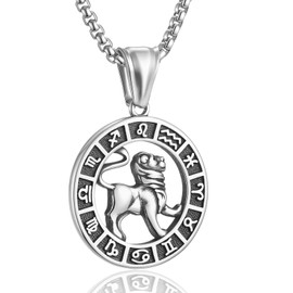 Zodiac Necklace for Men Stainless Steels Leo Constellation Pendant Astrology Jewelry for Women Birthday Gifts (Leo 7.23-8.22, Silvery)