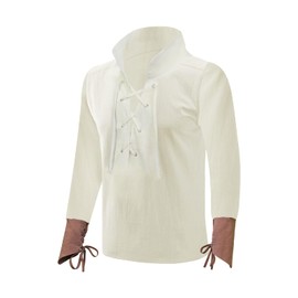 Mens Pirate Shirt, 5 Pcs Pirate Costume Set, Renaissance Pirate Shirt, Victorian Gothic Shirt Medieval Viking Costume Cosplay (White/Brown Wrist, XXL)