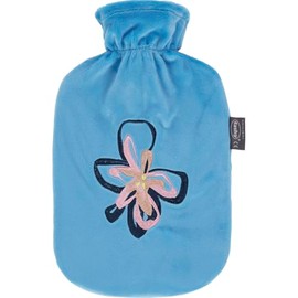 Fashy Hot Water Bottle 2.0 L with Fleece Cover and Flower Appliqué Blue