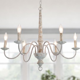 ZIRALIO 6-Light French Country Chandelier Farmhouse Rustic Distressed Wood Chandelier Vintage Modern Candle Style Wooden Metal Chandeliers for Dining Room, Living Room, Kitchen Island, Bedroom, E12