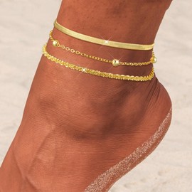 CAROVO Gold Ankle Bracelets for Women 14K Real Gold Plated Layered Anklet Waterproof Set Snake Bead Chain Stackable Anklets Set Beach Jewelry for Women
