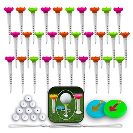 BIRDIE79 Magnetic Golf Tee Set (30-Pack) – 3.25" Long Tees with Height Control Marks, Direction Guide, 6-Prong Low Friction Head & Silicone Ring (3 Colors) (30)