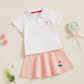 Toddler Baby Girl Golf Outfit Hole in One Active Polo Collared Shirt Golf Print Sport Skirt 2Pcs Golf Skirt Clothes (Pink 2, 18-24 Months)