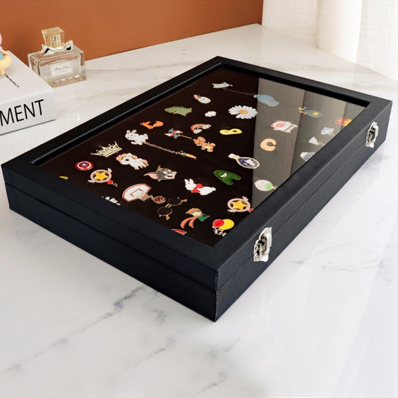 Pin Display Case Dustproof Transparent Glass Lid Badge Storage Box