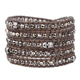 KELITCH Crystal Skull Beaded Bracelets 5 Wrap Bracelets Hand Woven Women Girl Jewelry (Taupe)