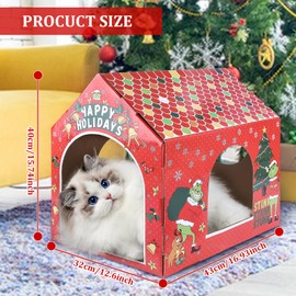 Christmas Cat House,Cardboard Cat House for Indoor Cats with Scratcher Pad Xmas Cat Cardboard House Multi-Purpose Cat Houses for Cat Birthday Christmas Decorations