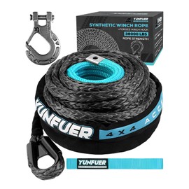 YUNFUER 5/8" x 60ft Synthetic Winch Rope Cable Kit, 38000LBS Winch Rope with Protective Sleeve + Forged Winch Hook and Safety Pull Strap (Gray)