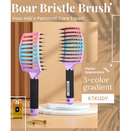 KTKUDY Wet & Dry Hair Detangling Brush - Glides Through Tangles Detangler Brush for Women Men & Kids - Vented for Faster Blow Drying - Curved Hair Brush with Boar Bristles