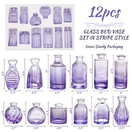 Glass Bud Vases Set of 12, Small Purple Vase Glass Vases for Flowers Modern Ribbed Colored Bud Vase for Decor Wedding Flower Vase in Bulk Vintage Decor Bridal Shower Centerpieces Home Table Decoration