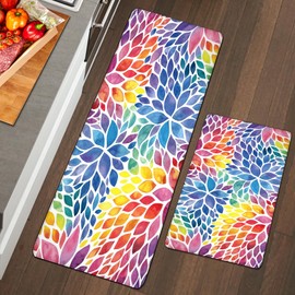 Colorful Dahlia Kitchen Rugs and Mats Set of 2 Abstract Floral Anti Fatigue Floor Mat Non-Slip Rubber Cushioned Standing Mat Kitchen Rugs for Kitchen Sink Front Laundry Home Decor,17.3x28+17.3x47 inch