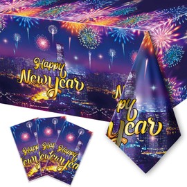 HOWAF 3pcs Firework Happy New Year Tablecloths, Colorful Happy New Year Table Cover for New Year Eve Party Supplies, 2025 New Year Plastic Table Cover for NYE Party Table Decoration